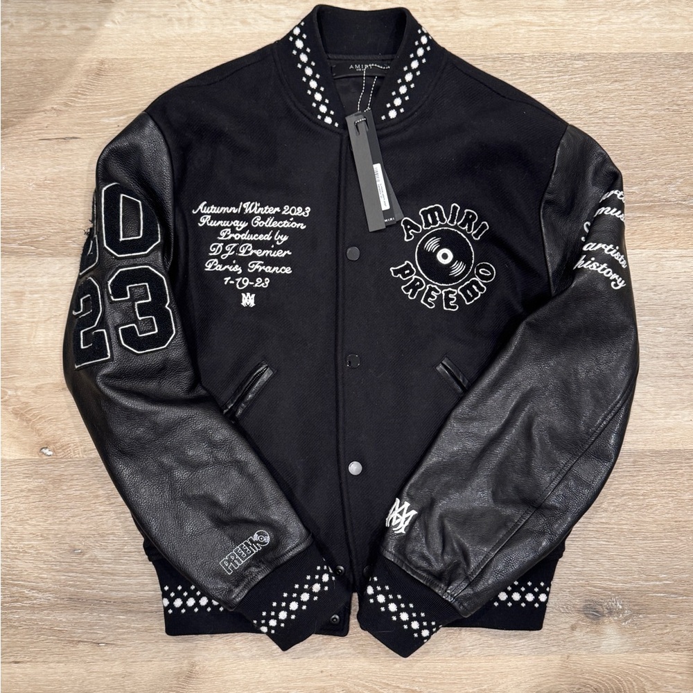 AMIRI x Premier Records Patch Leather Sleeve Wool Blend Varsity Jacket Premo